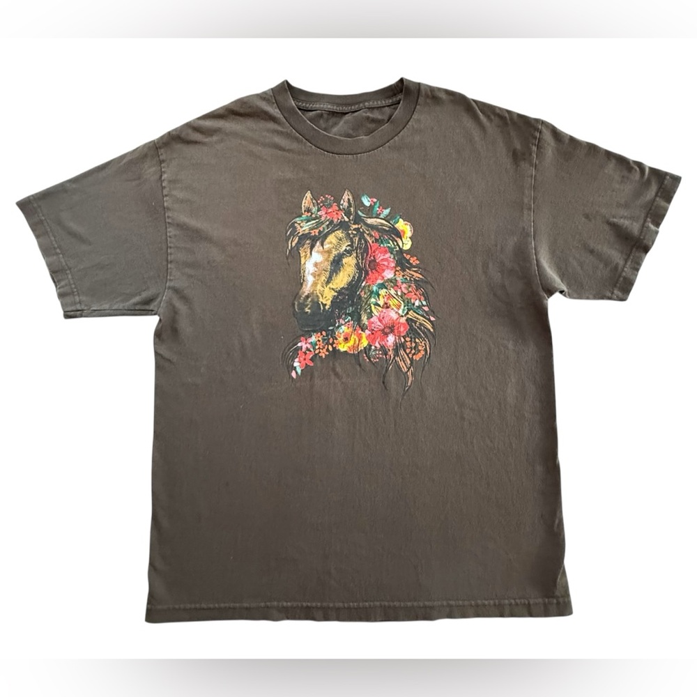 Vintage Artisan 90s Unisex Equestrian Horse Animal Graphic Brown T-shirt Size L